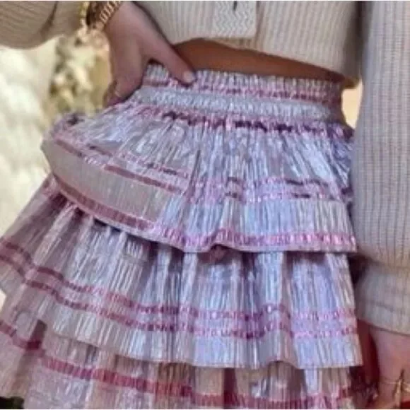 LoveShackFancy Party Midi Skirt Silver and Pink Metallic Layered Maxi Size 0 - Picture 9 of 9